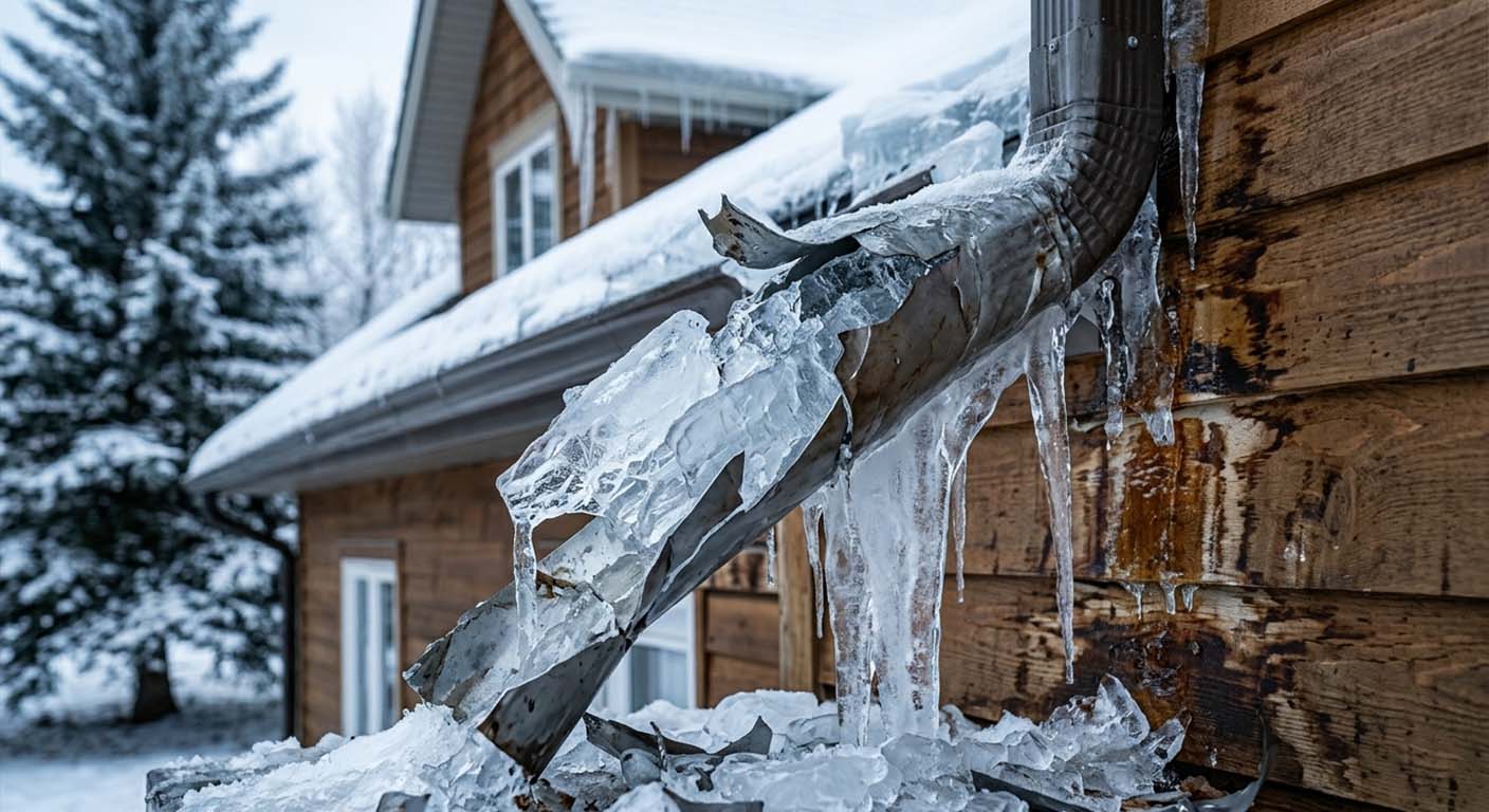 Frozen downspout causing gutter overflow during Alberta winter