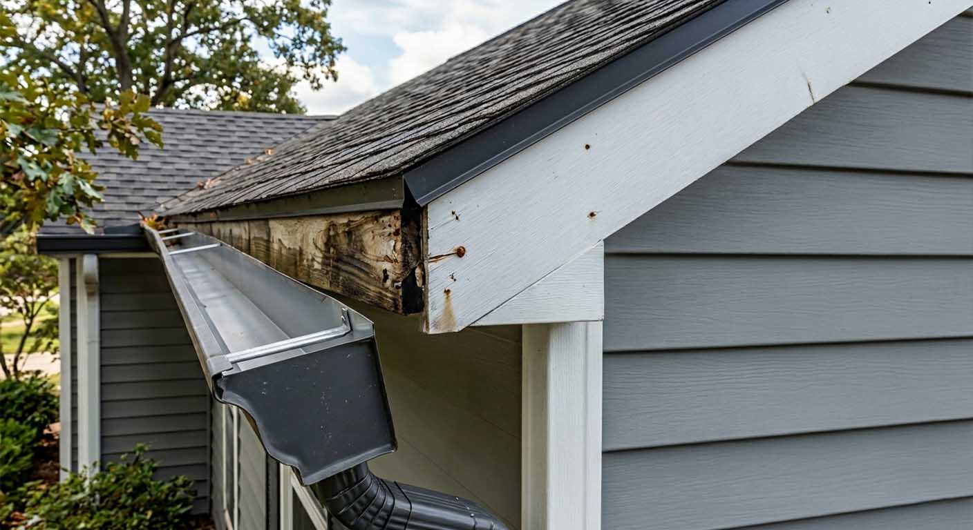 Gutters pulling away from a home in Edmonton due to snow and ice damage