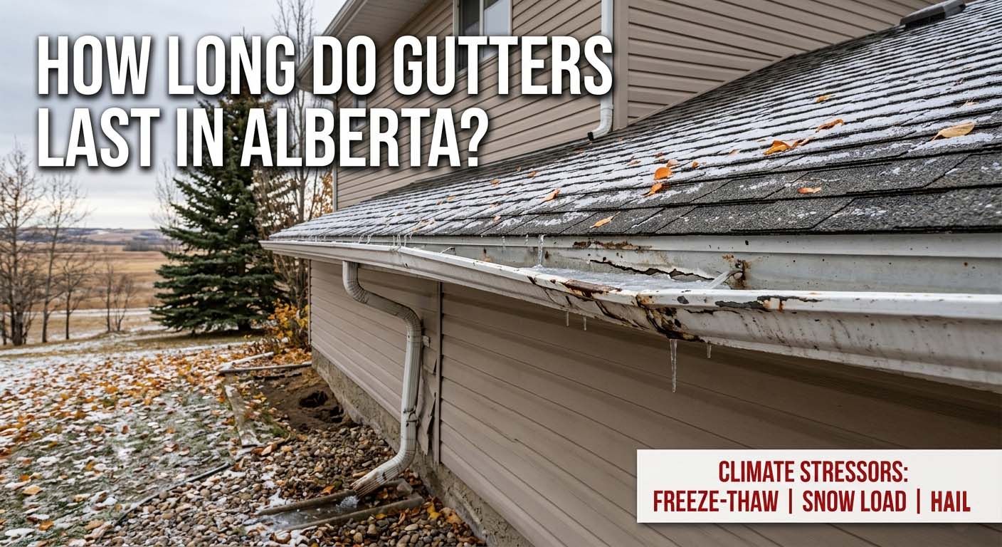 Residential gutter system on an Alberta home during different seasons